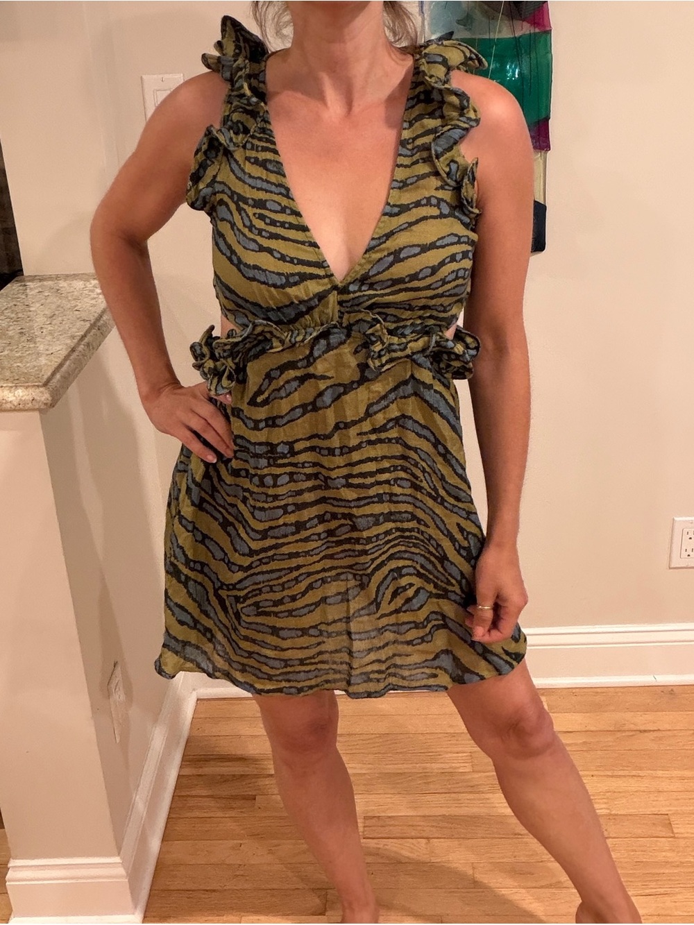 Anthropologie Olive and Black Zebra-Print Ruffle Mini Dress